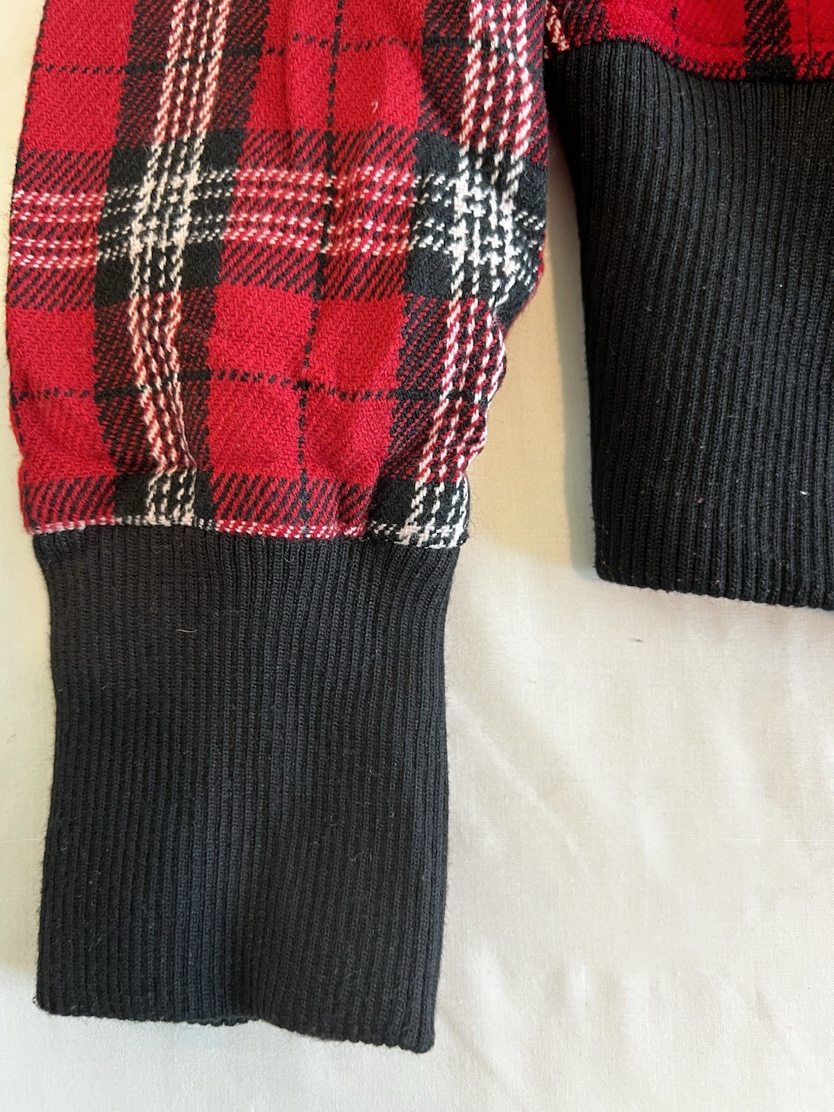 Vintage Red Black Plaid Bomber Jacket Snap Front Ribbed Trim Retro Punk L