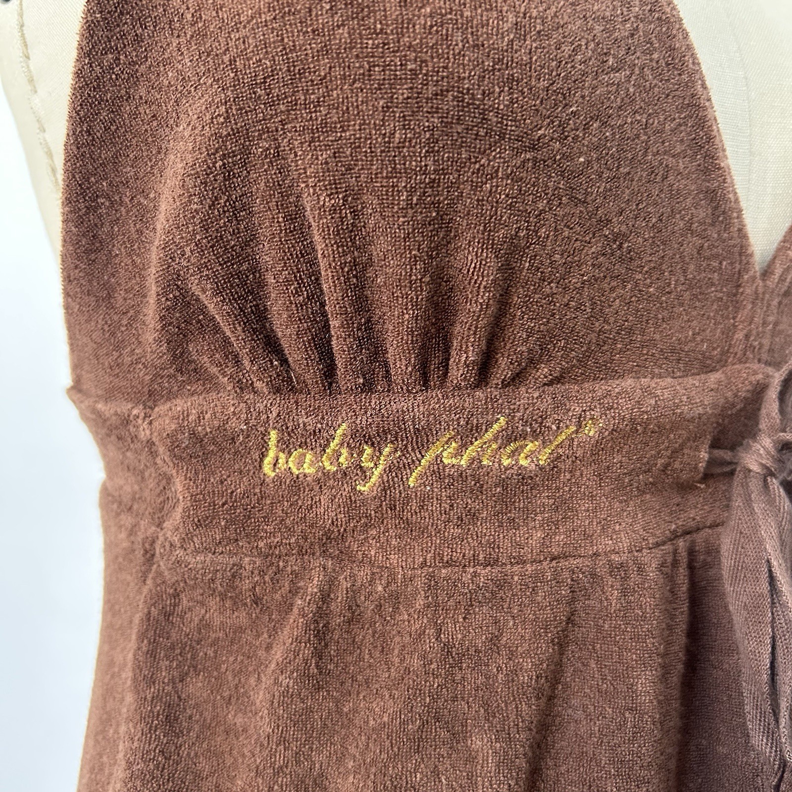 Baby Phat Brown terry cloth halter dress with gold cat outline