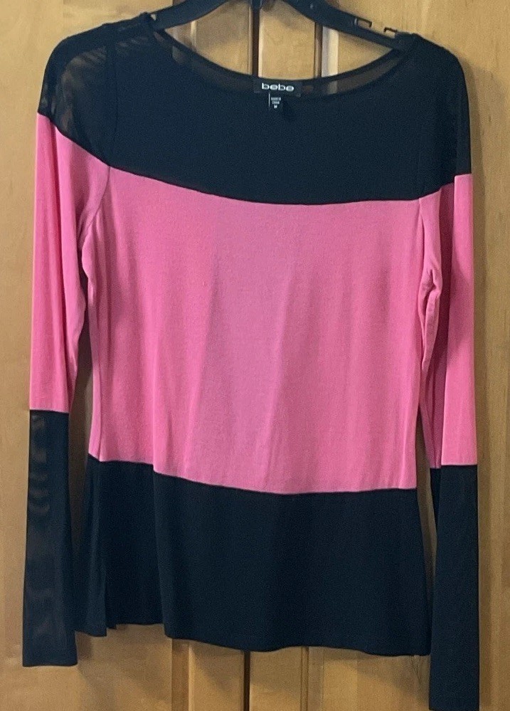 bebe Women’s Pink/Black Colorblock Sheer Mesh Round Neck Long Sleeve Top M 🌵🪸