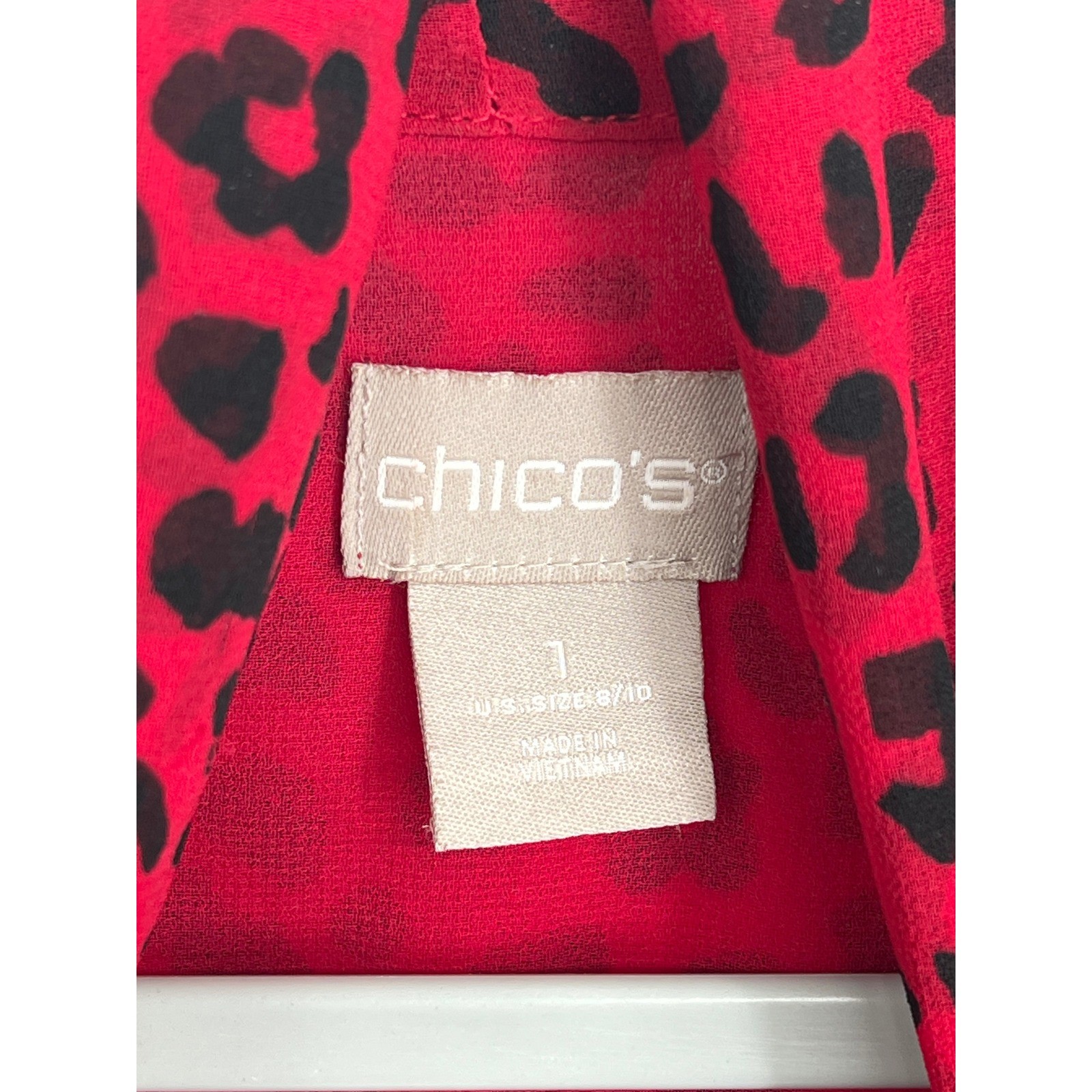 Chico’s Red Black Leopard Print Tie Neck Balloon Sleeve Chiffon Blouse Size 1
