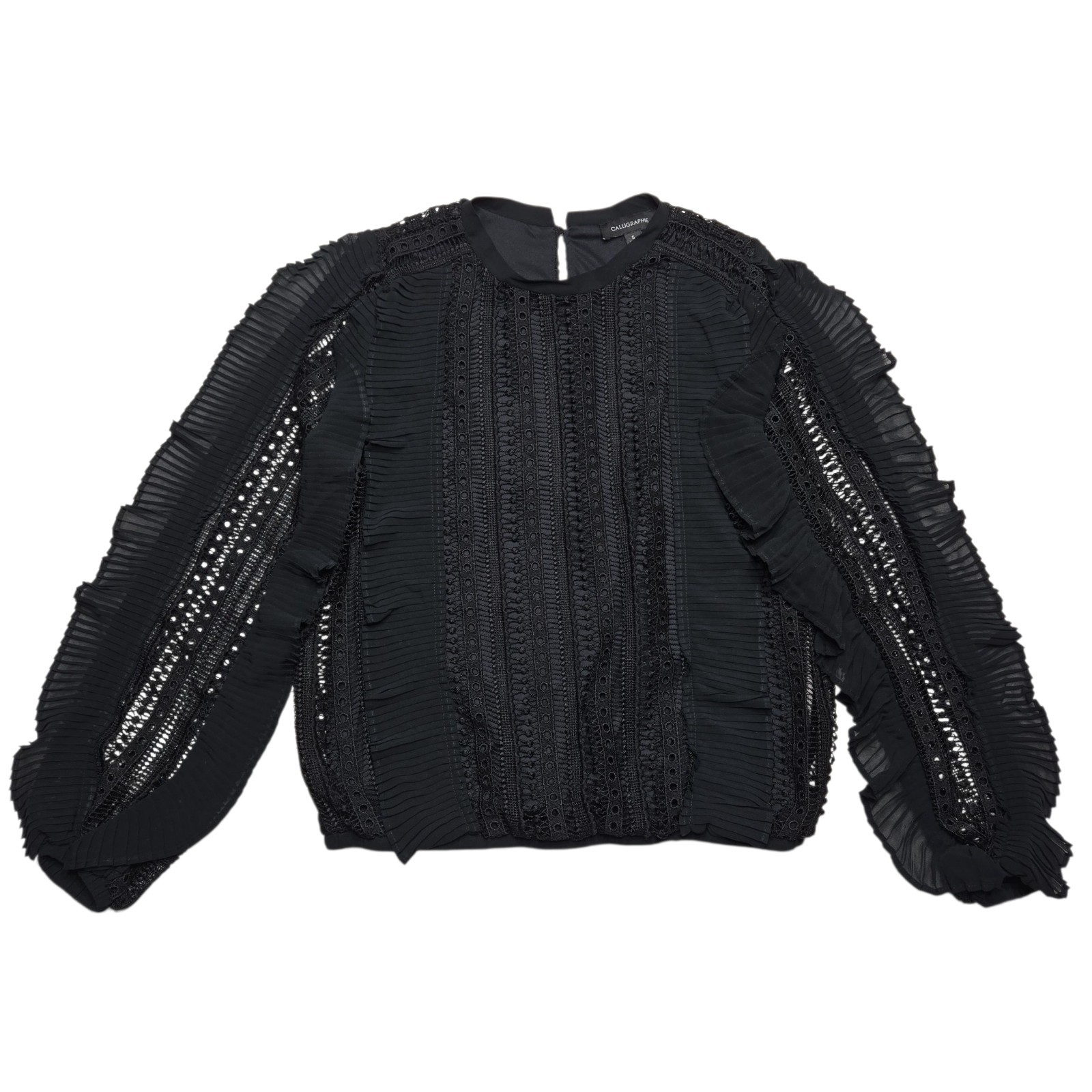 Calligraphie Top Womens Small Black Ruffle Crochet Whimsigoth Balloon Sleeve