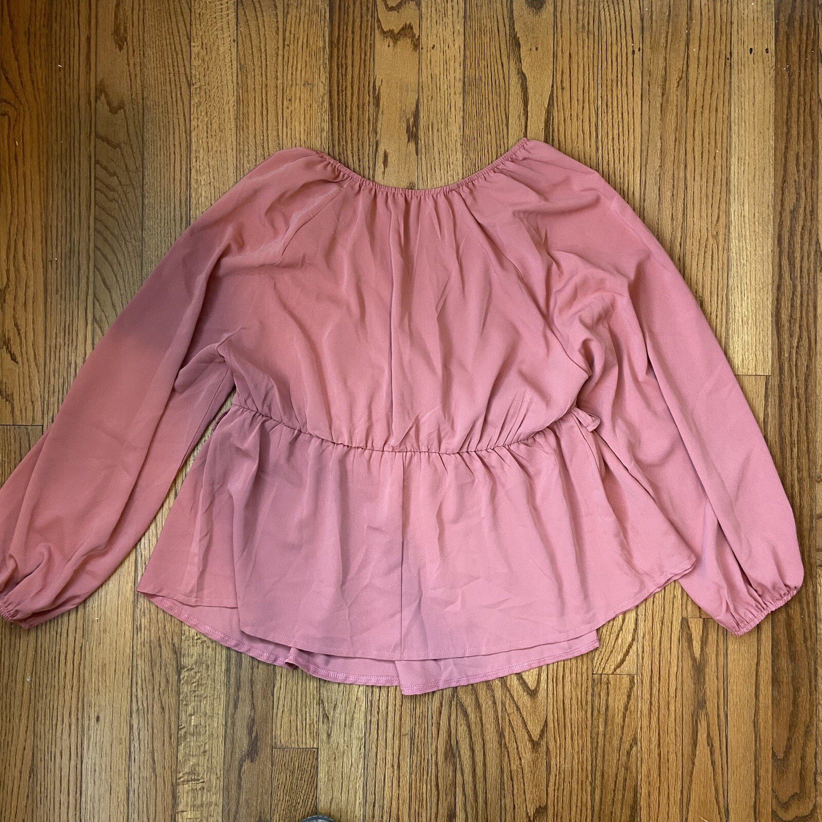 Shein Curve Cinched Waist Ruffled Blouse Top 1XL Dusty Rose Pink V Neck Light