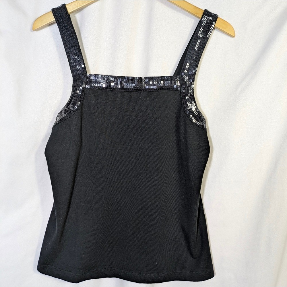 Quacker Factory Tank Top Women’s Sequin Embellished Cotton Black Y2K Sz S