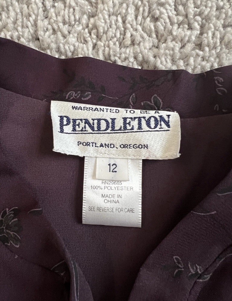 Pendleton Womens Size 12 Burgundy Floral Tie Neck Blouse Button Front Boho