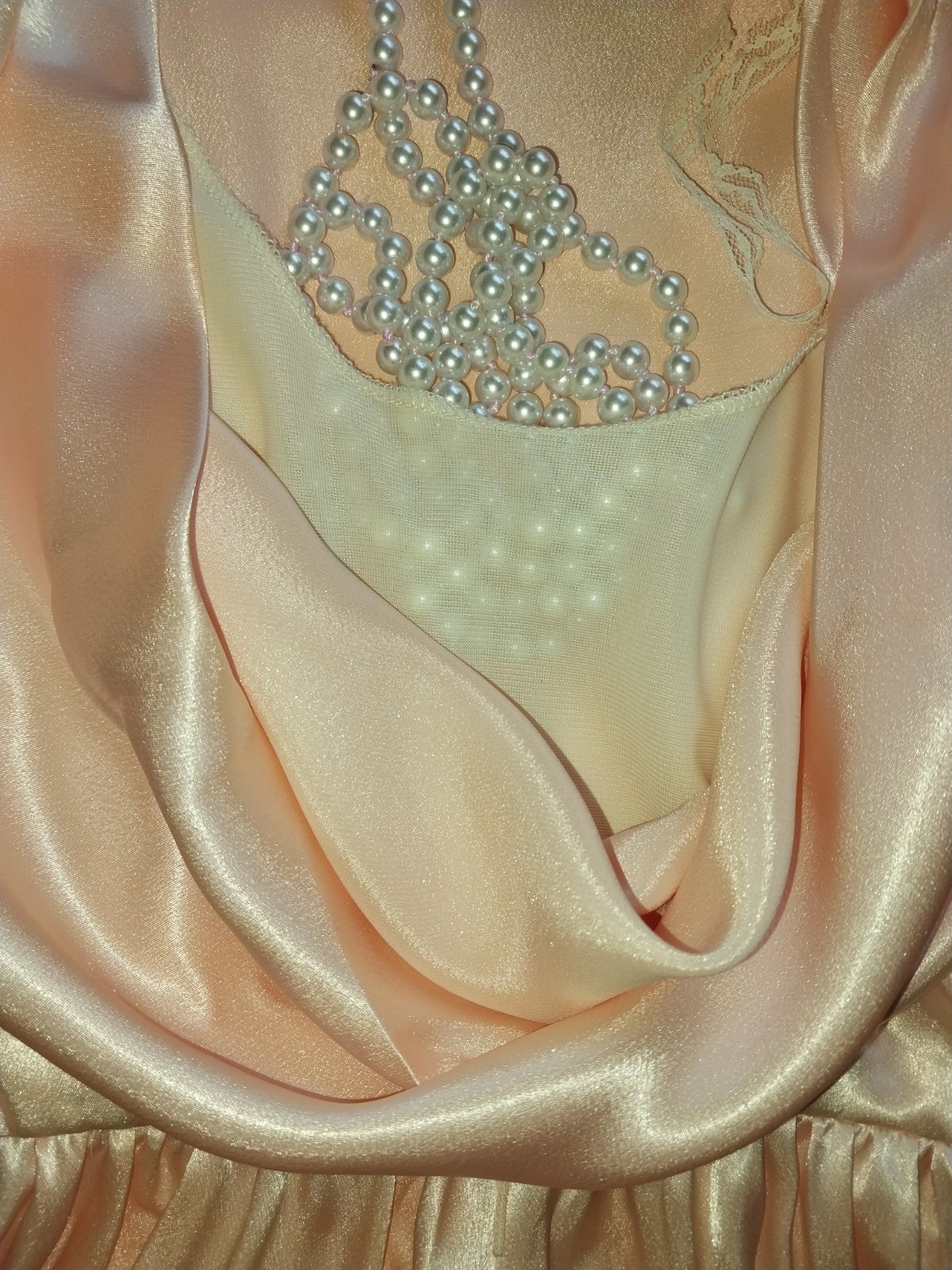 Vtg SATIN IMPORTED PEACH PINK COWL CASCADE 350″ GRAND SWEEP FLARE MAXI DRESS L42