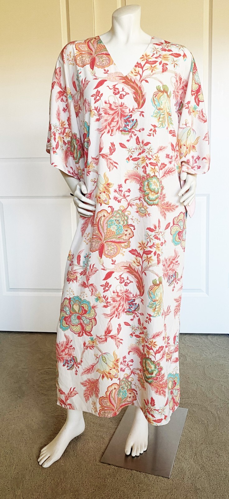 NEW NATORI CORAL MULTICOLOR FLORAL SLIP-ON KAFTAN LONG DRESS SIZE: XS
