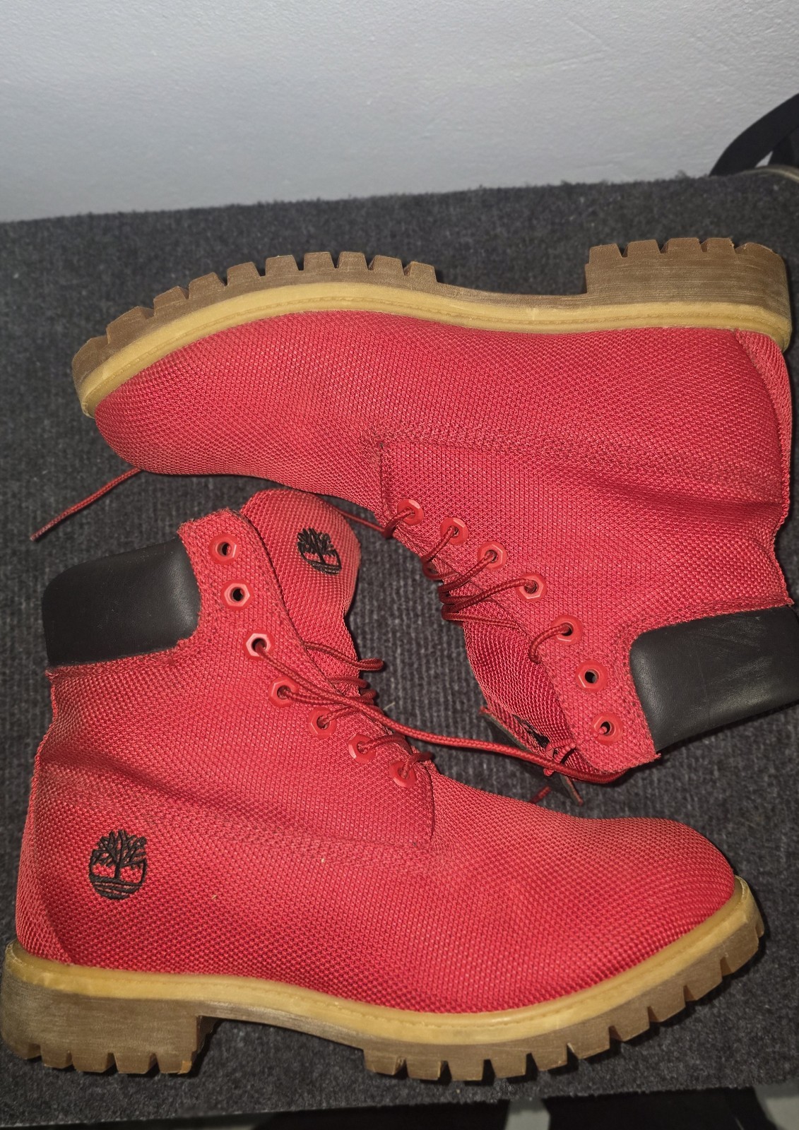 Timberland 6 Inch Premium Boots Red Mesh Canvas Waterproof Mens Size 9.5