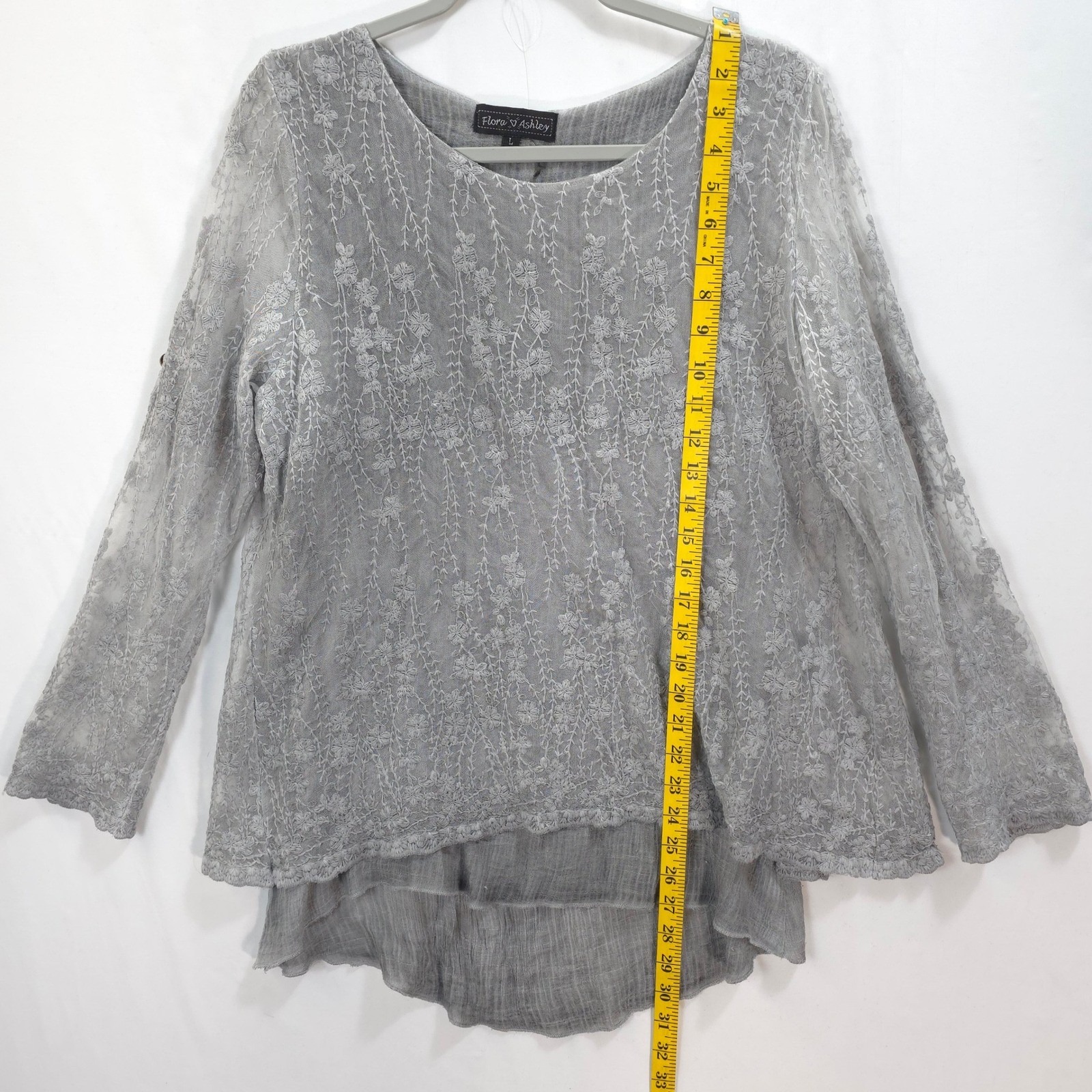 Gray Embroidered Lace Blouse Layered L Roll Tab Sleeve Boho Romantic Cottagecore