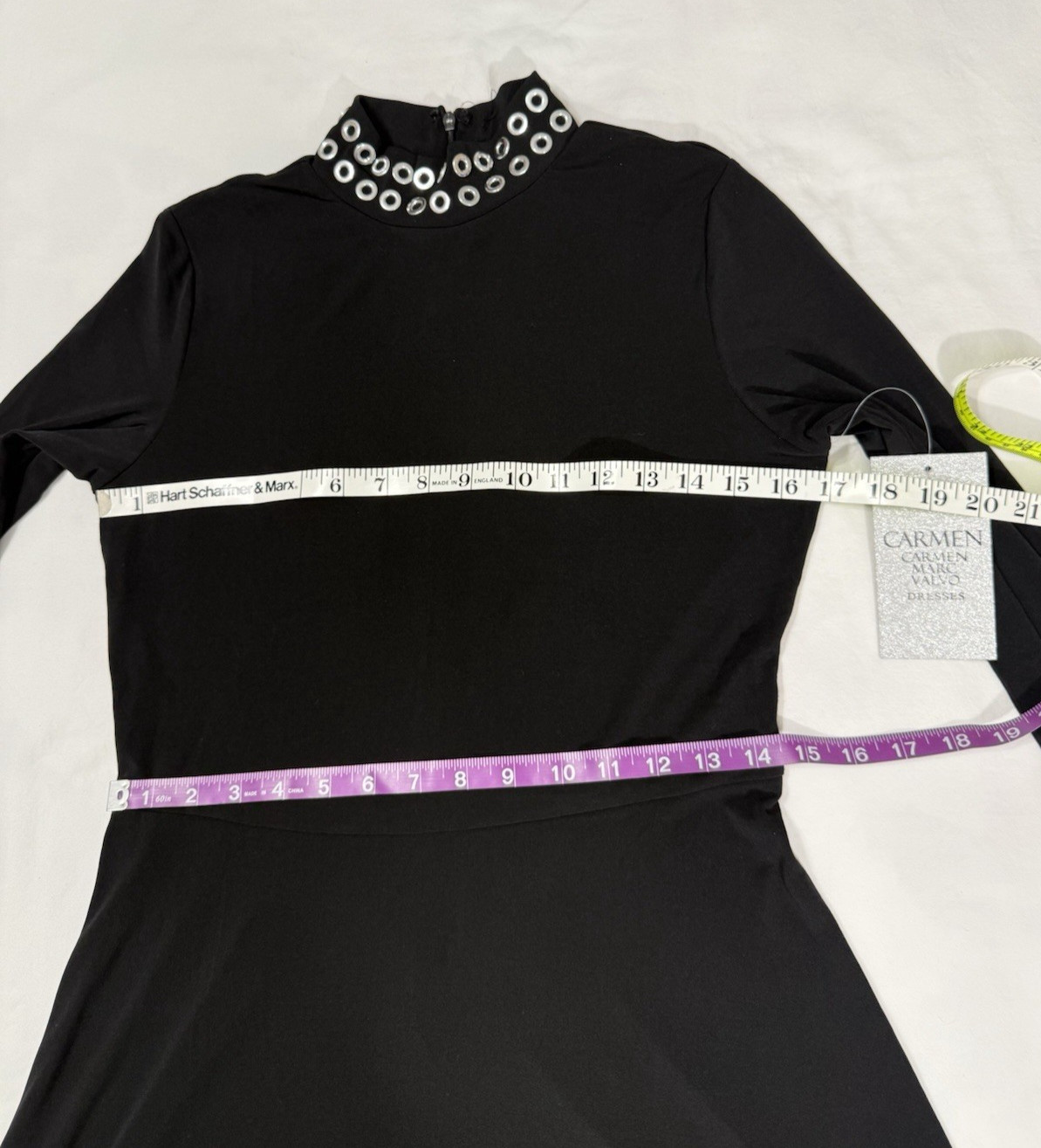 Carmen Marc Valvo Size 4 Black Fit & Flare Dress Silver Grommet Accents Womens