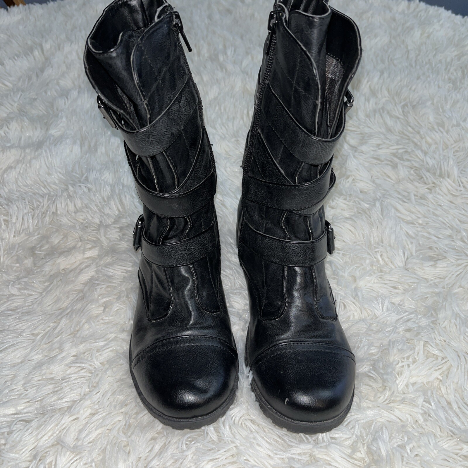 G By Guess Moto Grunge Combat Full-Zip Boot Buckles Black Metal Embellished Sz6m