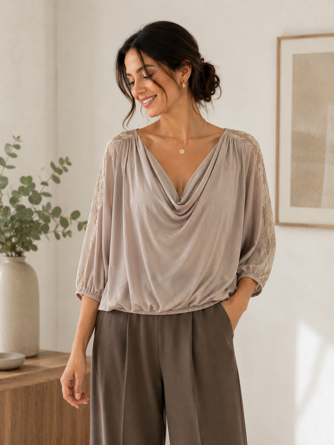 Flying Tomato Women’s Taupe Cowl Neck Blouse M Lace Shoulder Batwing 3/4 Sleeve