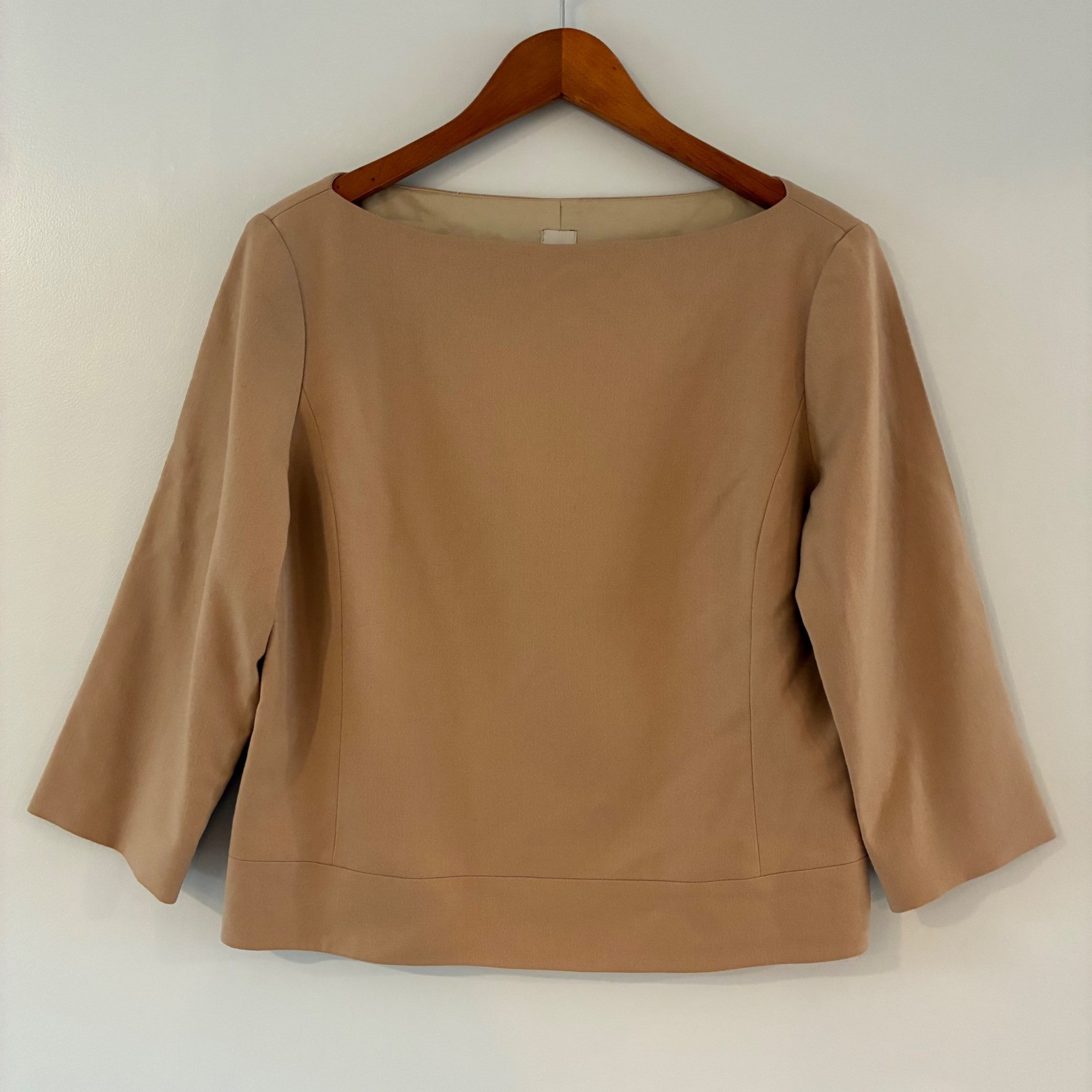 Anne Klein II Blouse Womens 10 Camel Tan Wool Boat Neck 3/4 Sleeve Side Zip Top