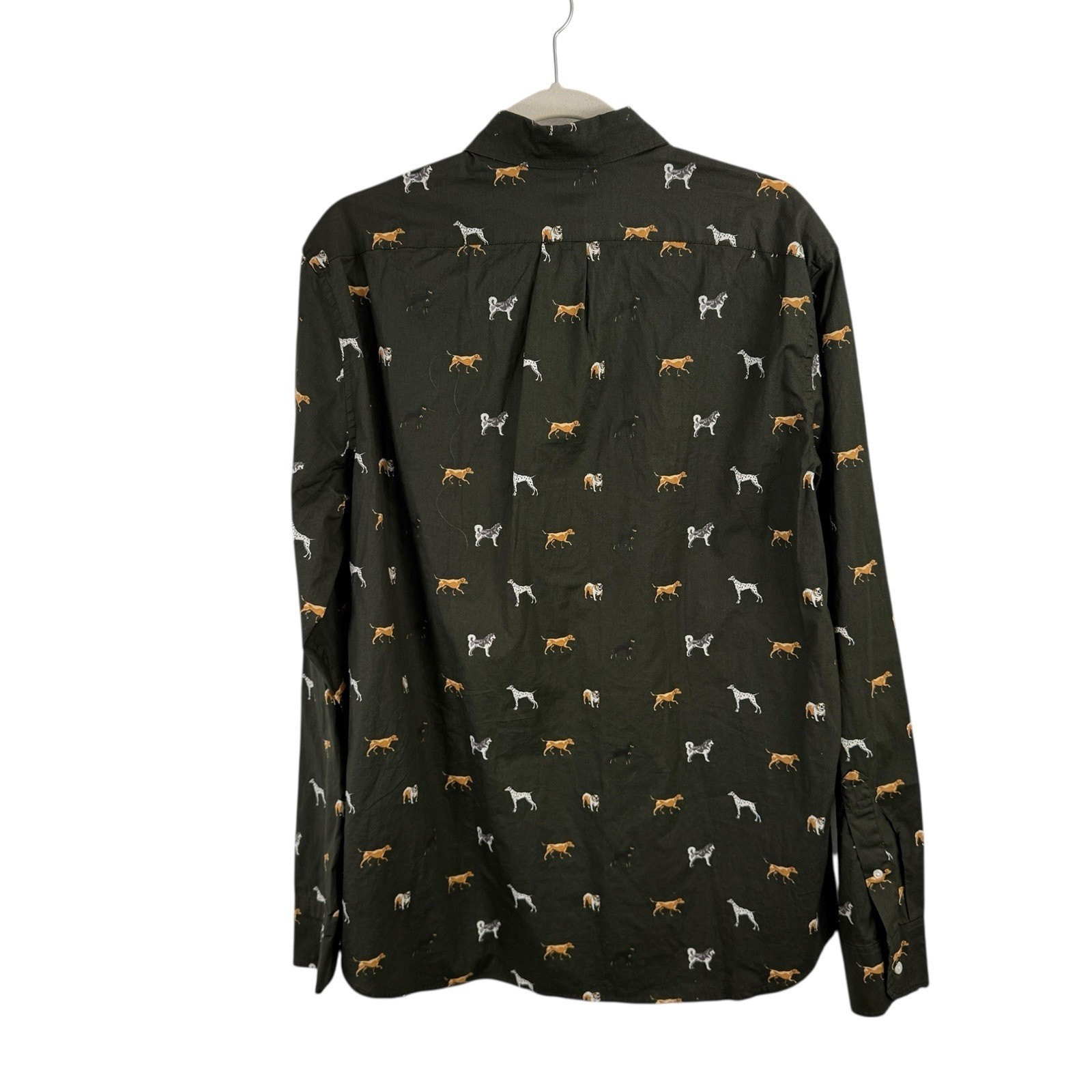J Crew Classic Fit Green Long Sleeve Button Down Shirt All Over Dog Print Men Lg