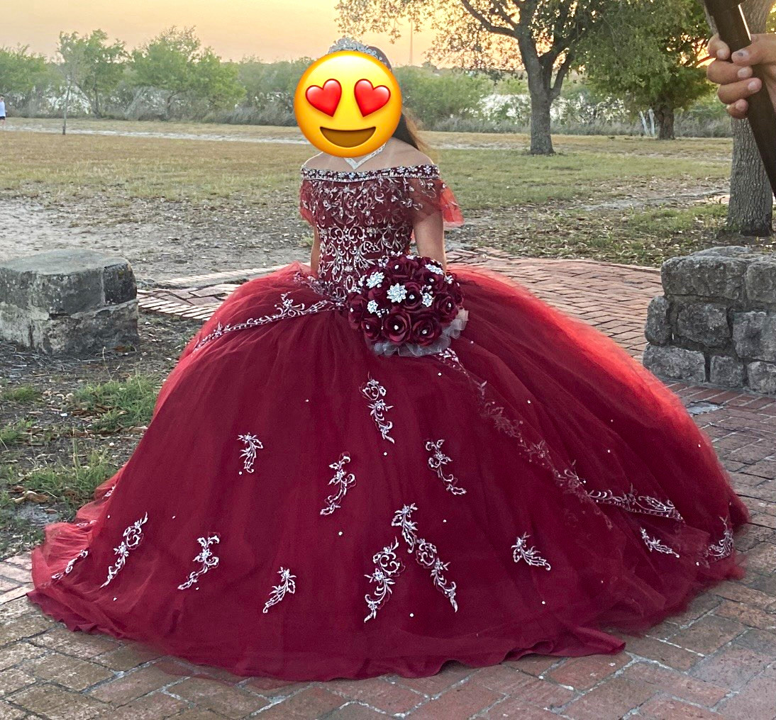 Morilee Red Off Shoulder Long Ball Gown Formal Dress Beaded Floral Sz 4