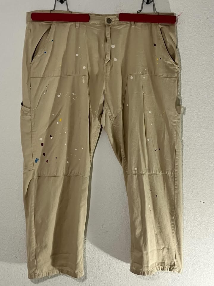 boohooMAN Men’s Cargo Carpenter Pants Size 44 Khaki Paint Splatter Trousers
