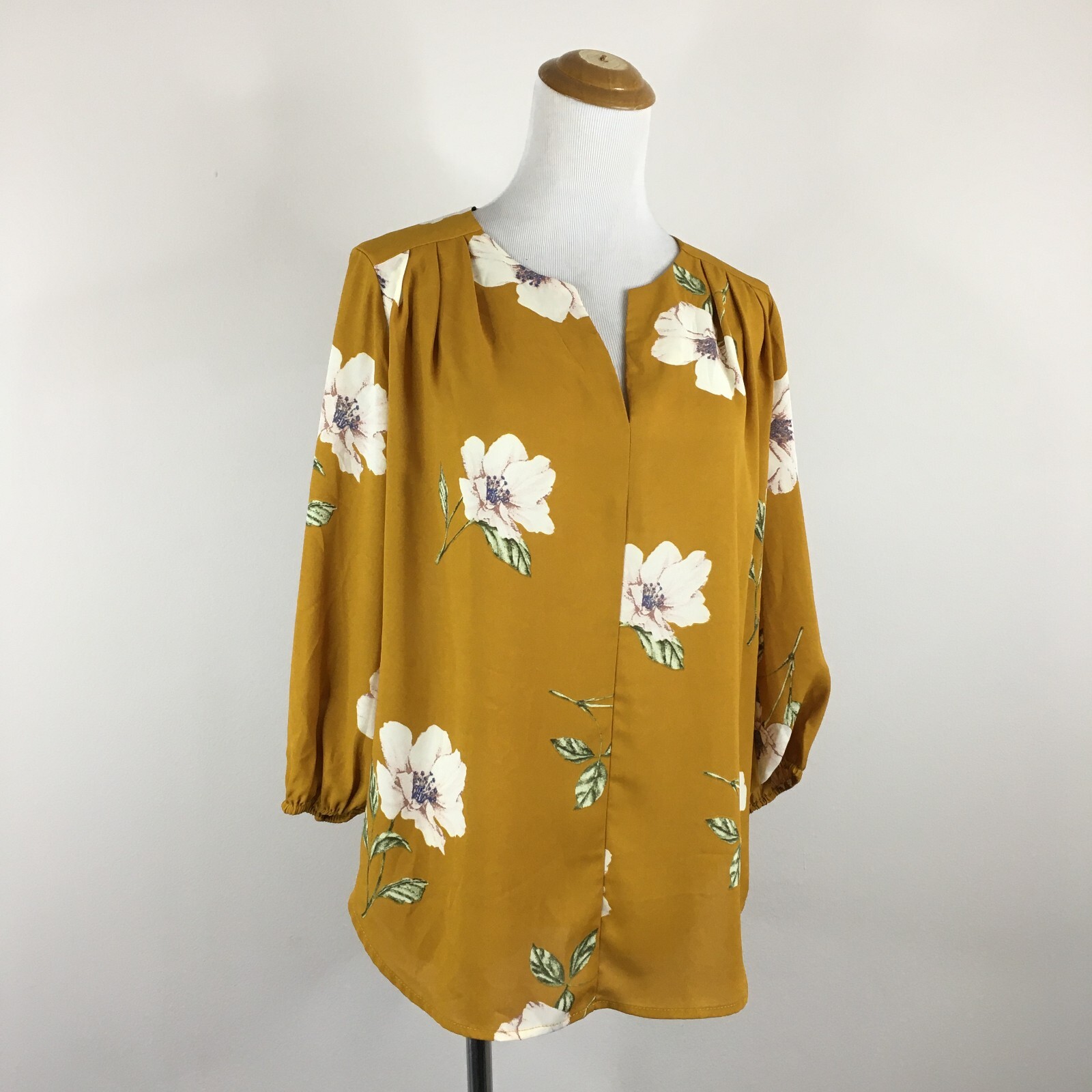 PLEIONE Mustard Multi Color Floral Print Cut V Neck Blouse Shirt Womens sz Small