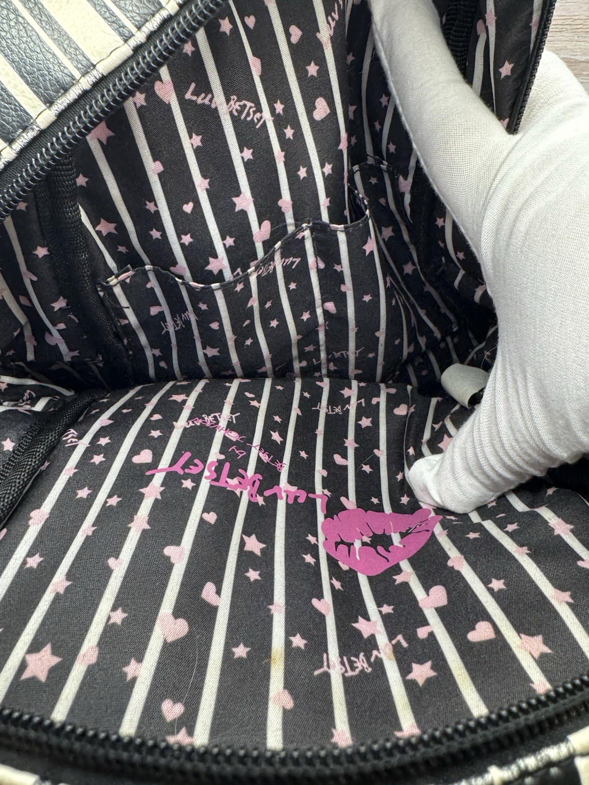 Betsey Johnson Luv Betsey Pink Quilted Heart Mini Backpack Black Striped EUC