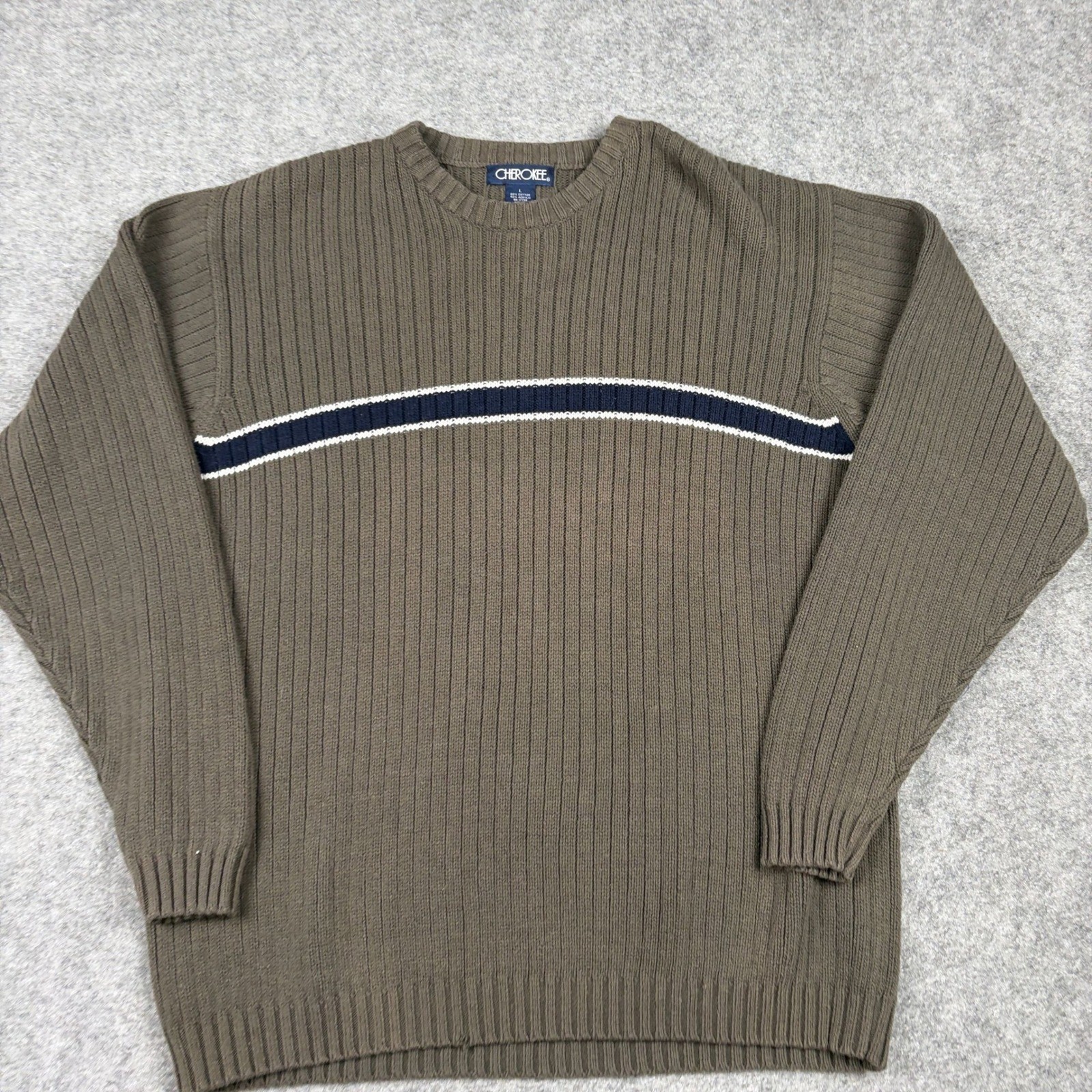 Cherokee Sweater Mens Large Brown Ribbed Knit Striped Crewneck Old Money Outdoor