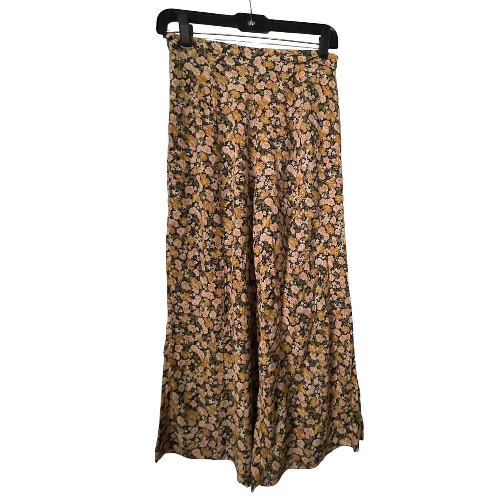 High Waisted Floral Wide Leg Crop Pants Flowy Culottes Mustard Pink Multi