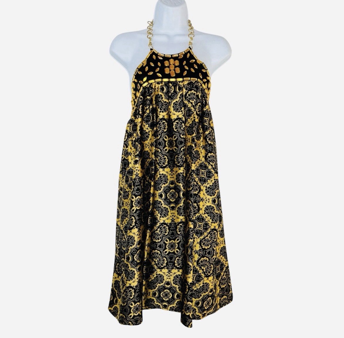Vintage Arden B Sleeveless Halter Beaded Gold Tone Chain Flowy Dress Size XS