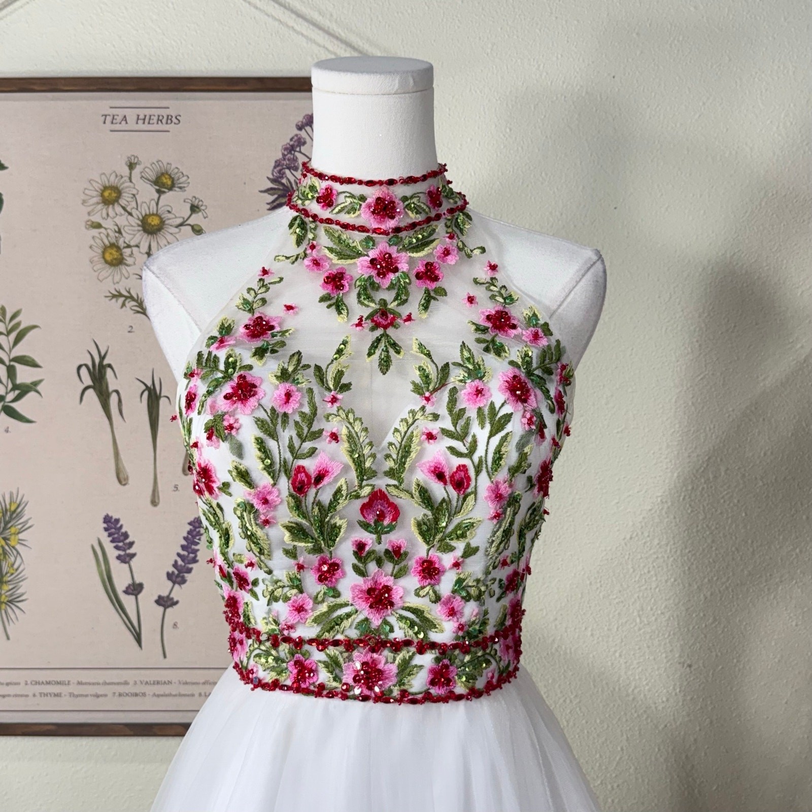 Floral Embroidered Beaded Tulle Formal Dress Ball Gown Romantic Fairy Ethereal 4