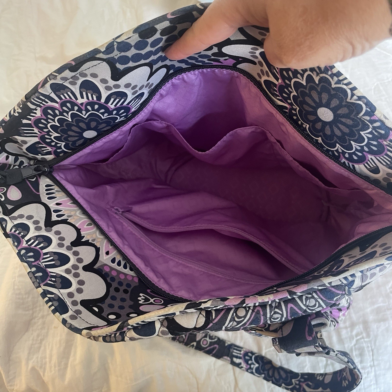 Vera Bradley Multicolor Floral Crescent Shoulder Bag Zip Closure Purple Lining