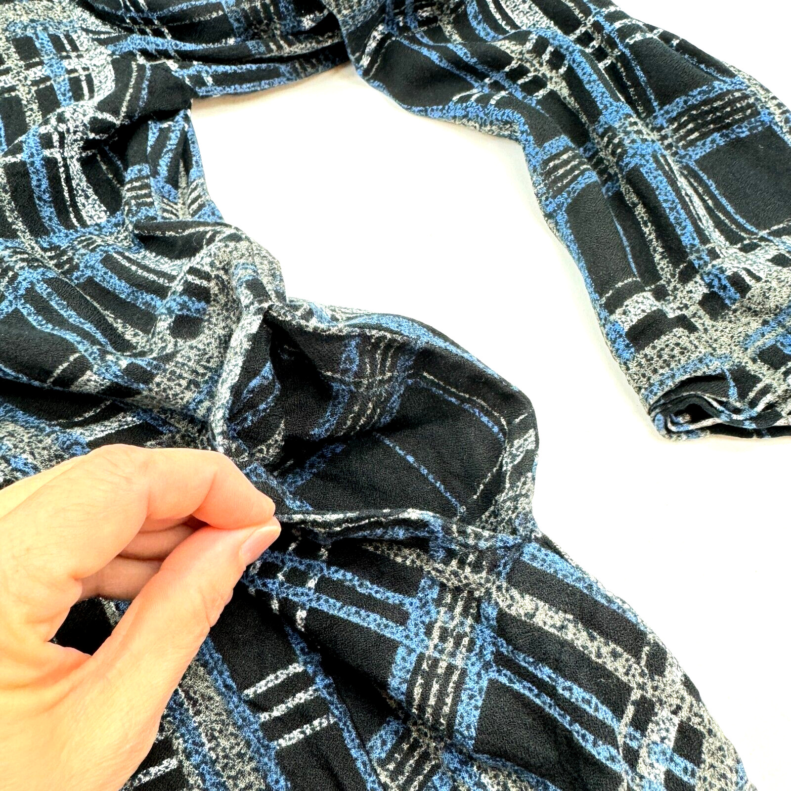 Soft Surroundings Tunic Button Front Medium Blue Plaid Stretch Beads Pleated