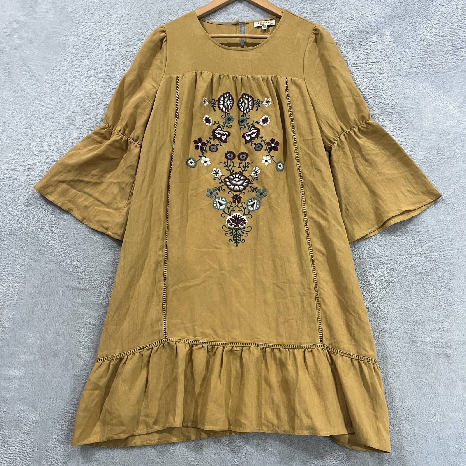 Polagram Tunic Dress Womens L Yellow Embroidered Floral Lined Ruffle Bell Sleeve
