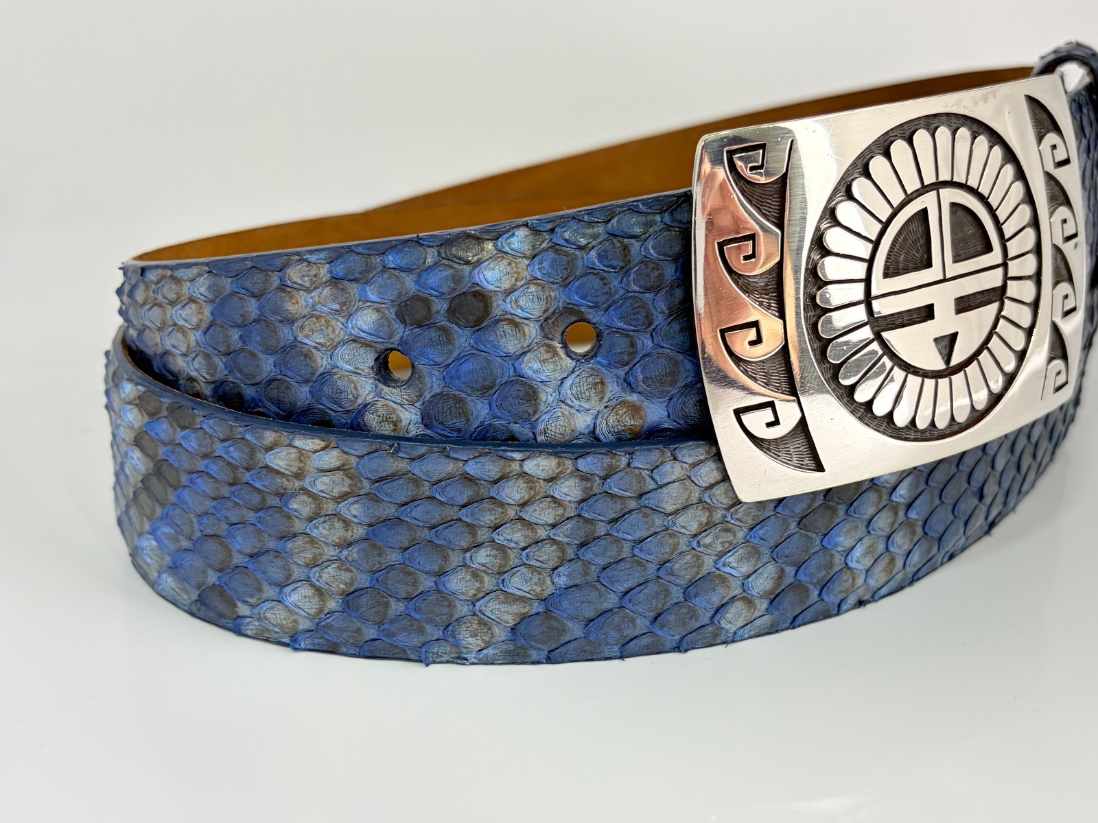 W. Kleinberg Genuine Python Belt 38 Sterling Silver Buckle Southwestern Sunface