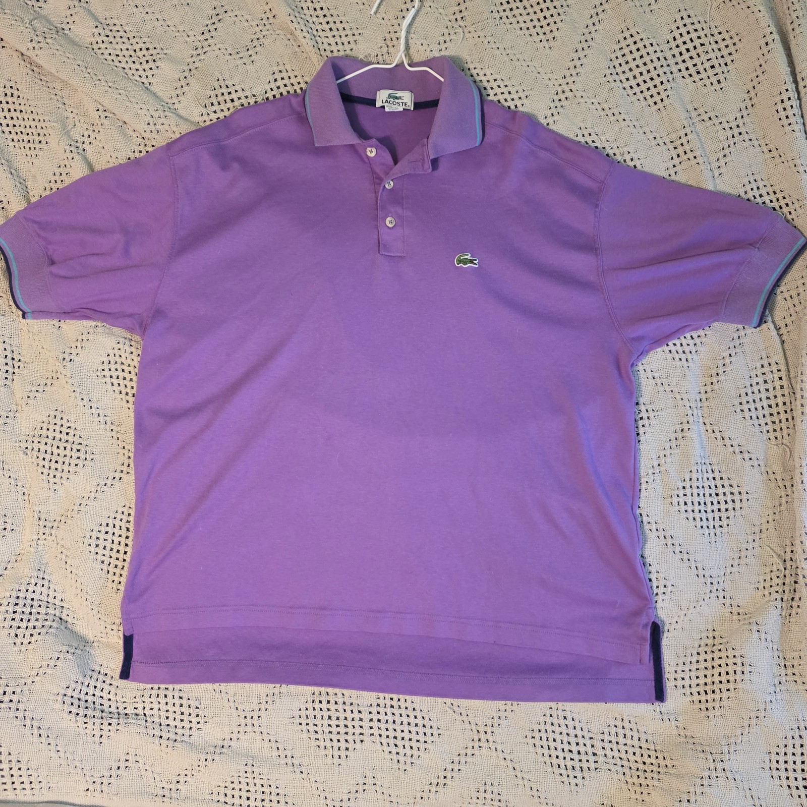 Lacoste Men’s Purple Polo Shirt – Green & Black Stripes – Size Medium 1/2 Patron