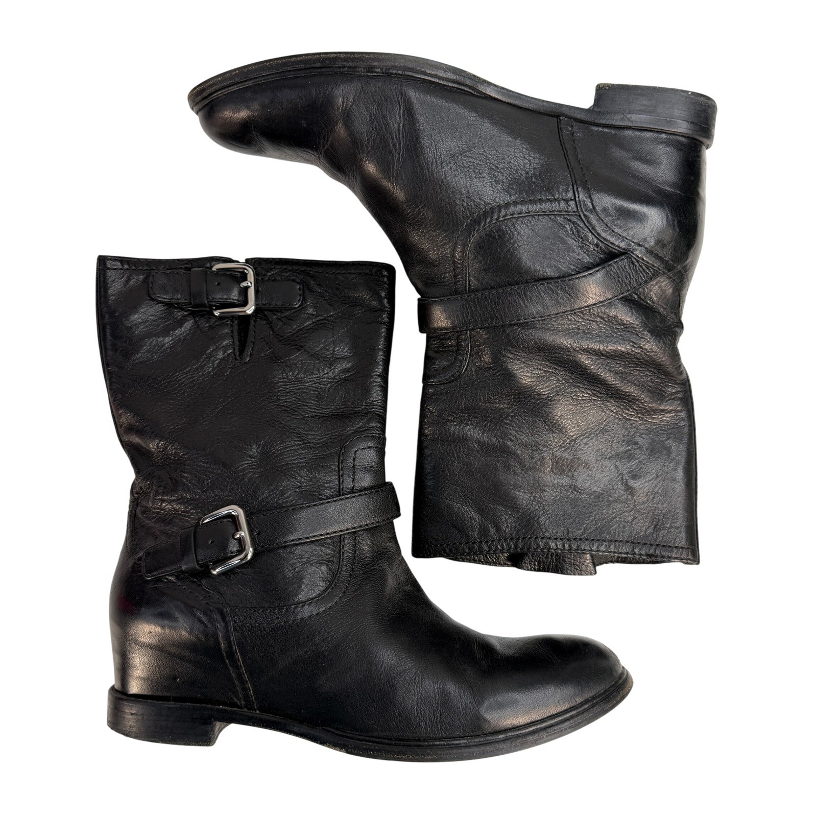 Prada 40.5 10.5 Boots Moto Engineer Hidden Wedge Buckle Leather Black Designer