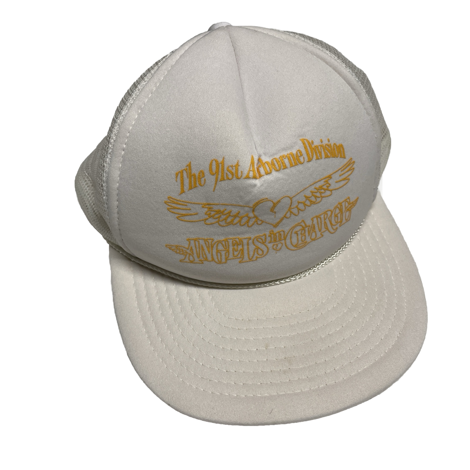 Vintage 90s Trucker Hat Cap SnapBack Army 91st Airborne Division White Heart Art