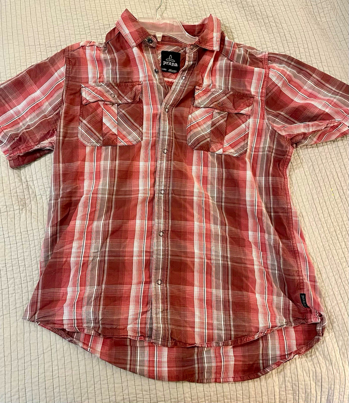 prAna Men’s LRG Red/White/Gray Plaid Short Sleeve Snap Front Pocket Shirt