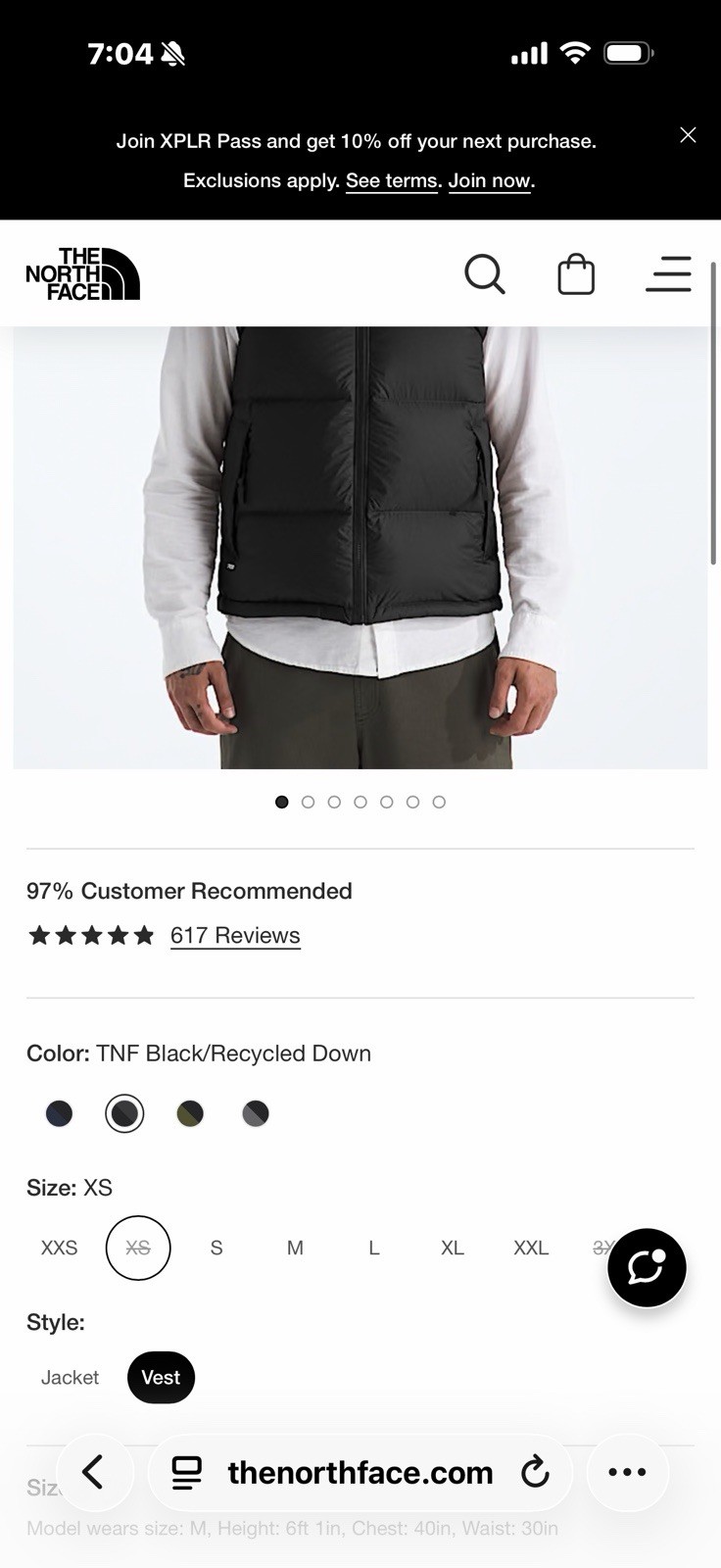 The North Face Black Down Insulated Puffer Vest XS Full Zip Stand-Up Collar
