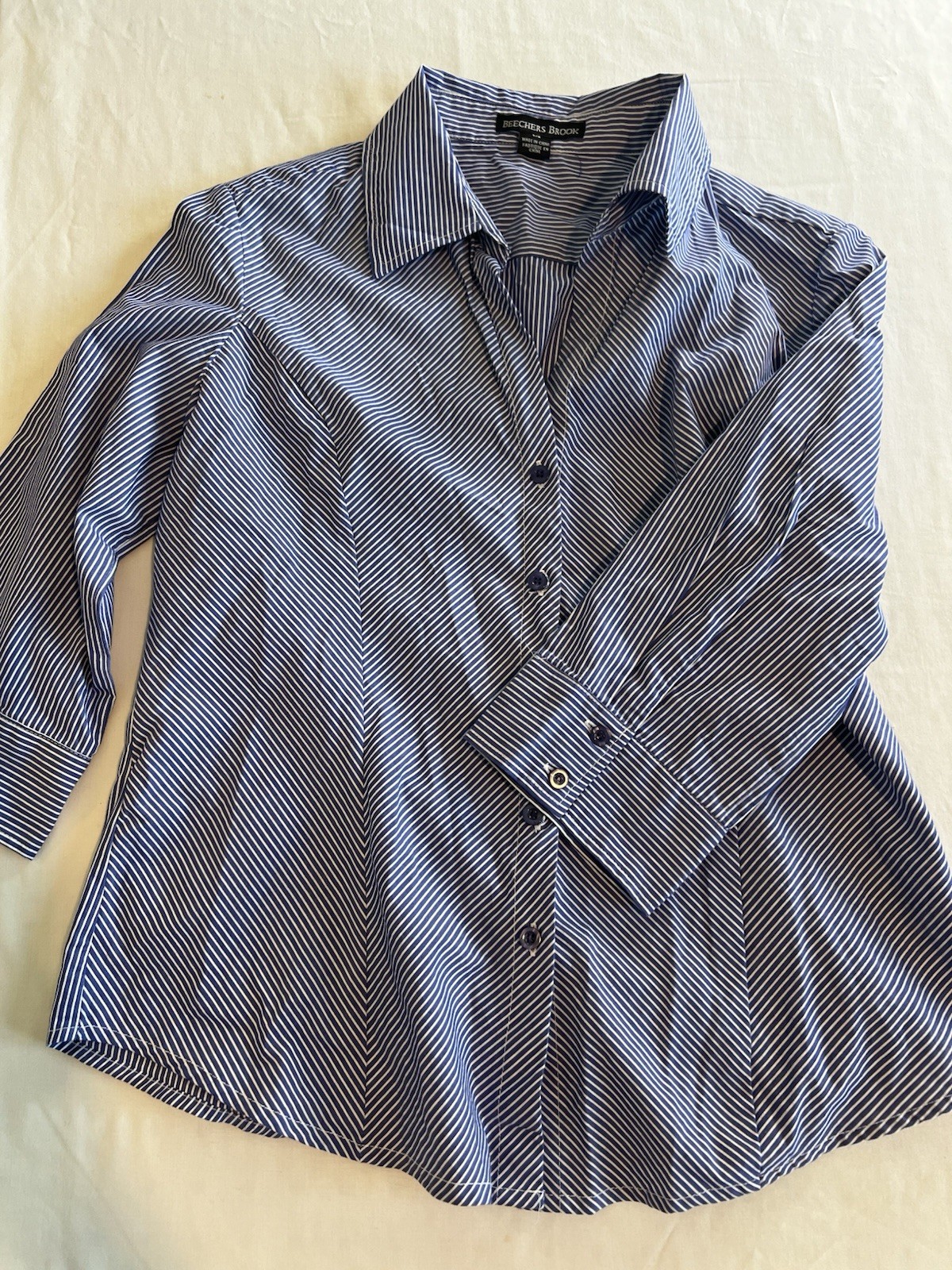 Beechers Brook Womens Blue White Striped Button Down Shirt Size M 3/4 Sleeve