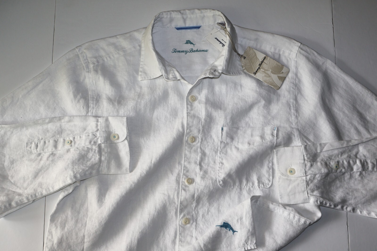 Tommy Bahama Shirt Sea Glass Breezer White Solid Linen New LS Medium M