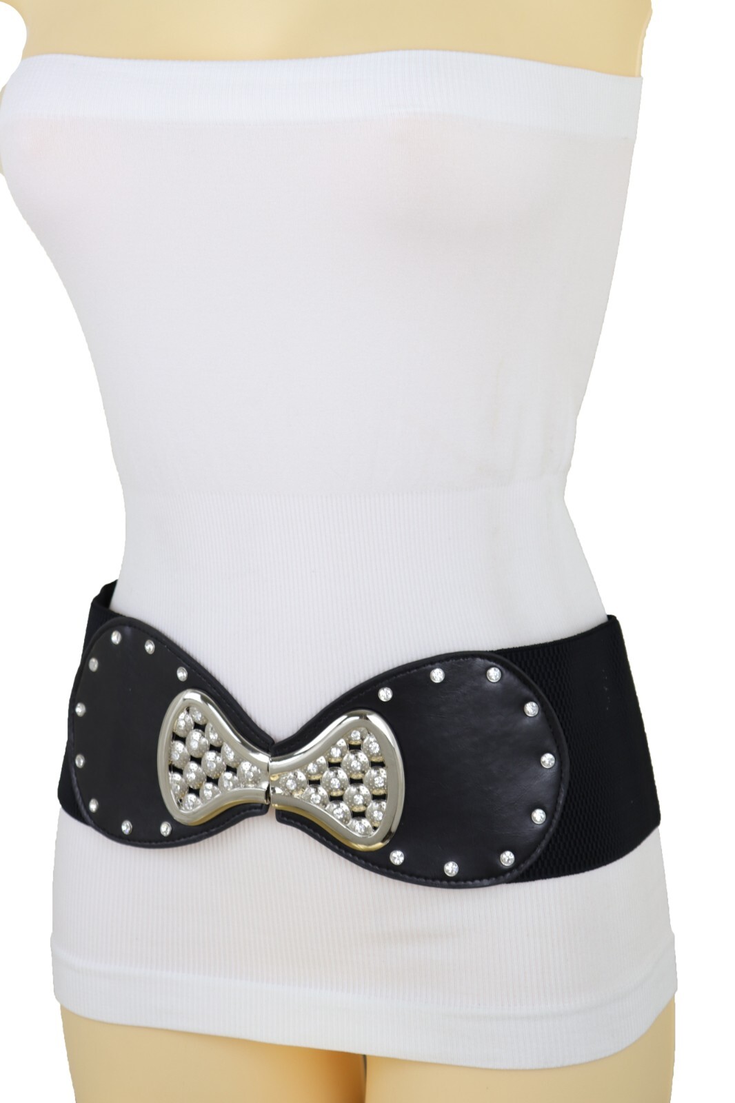 Women Wide Black Elastic Gift Present Belt Bling Bow Tie Ribbon Buckle Size S M