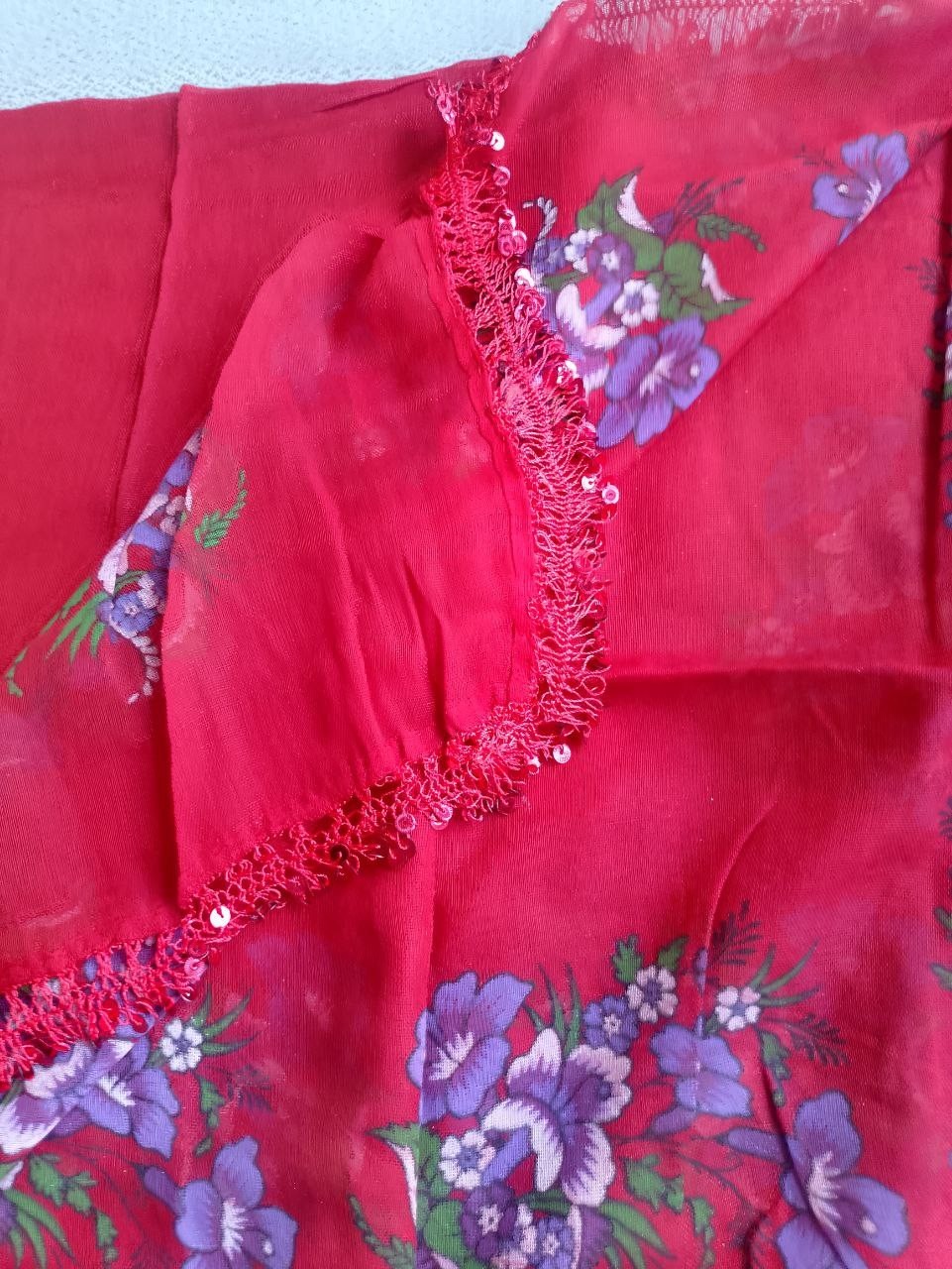 Red Floral Scarf with Sequin Trim
