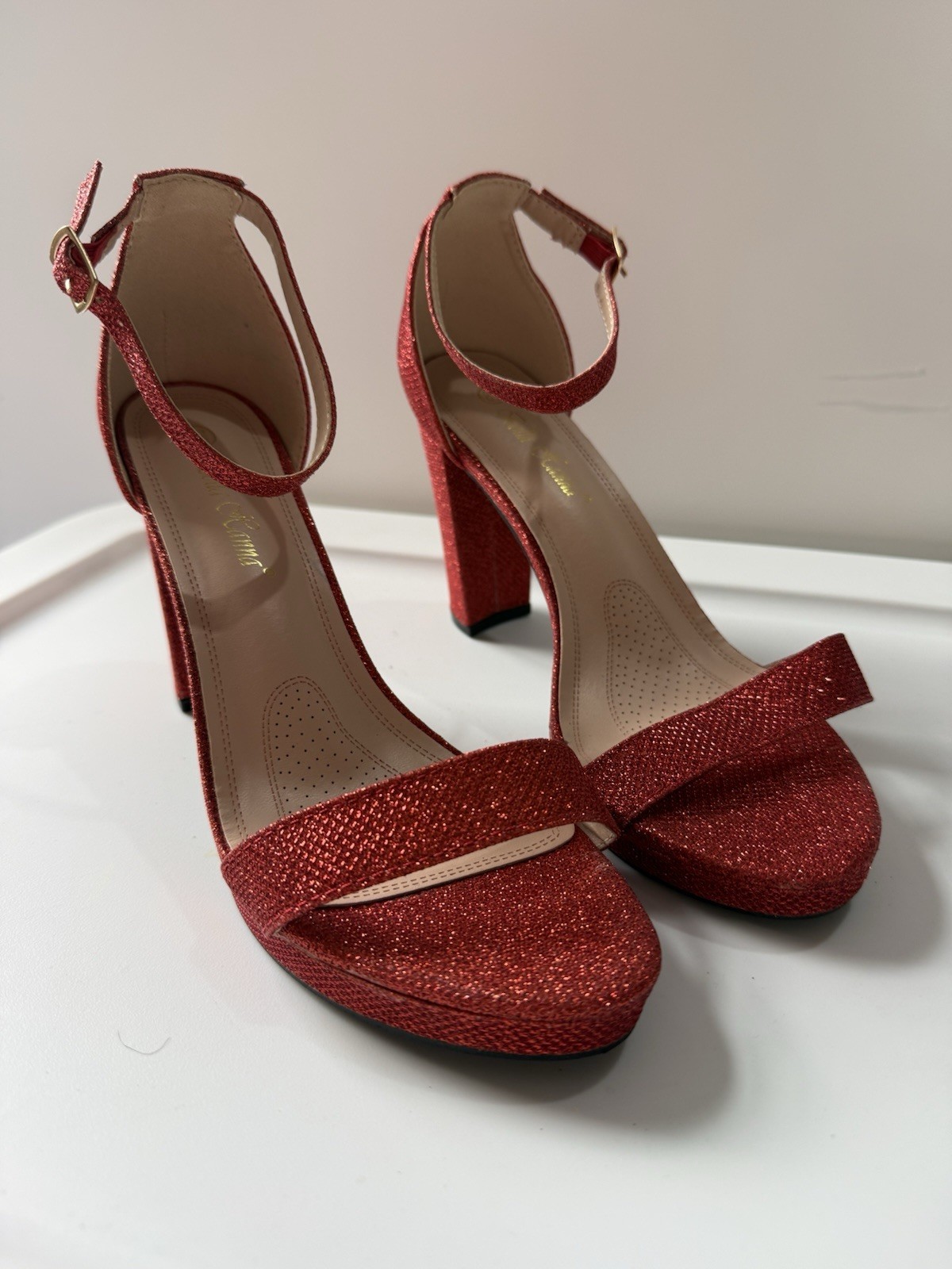 Bata Women Red Glitter Strappy Ankle Strap Open Toe Block Heel Sandals 8.5