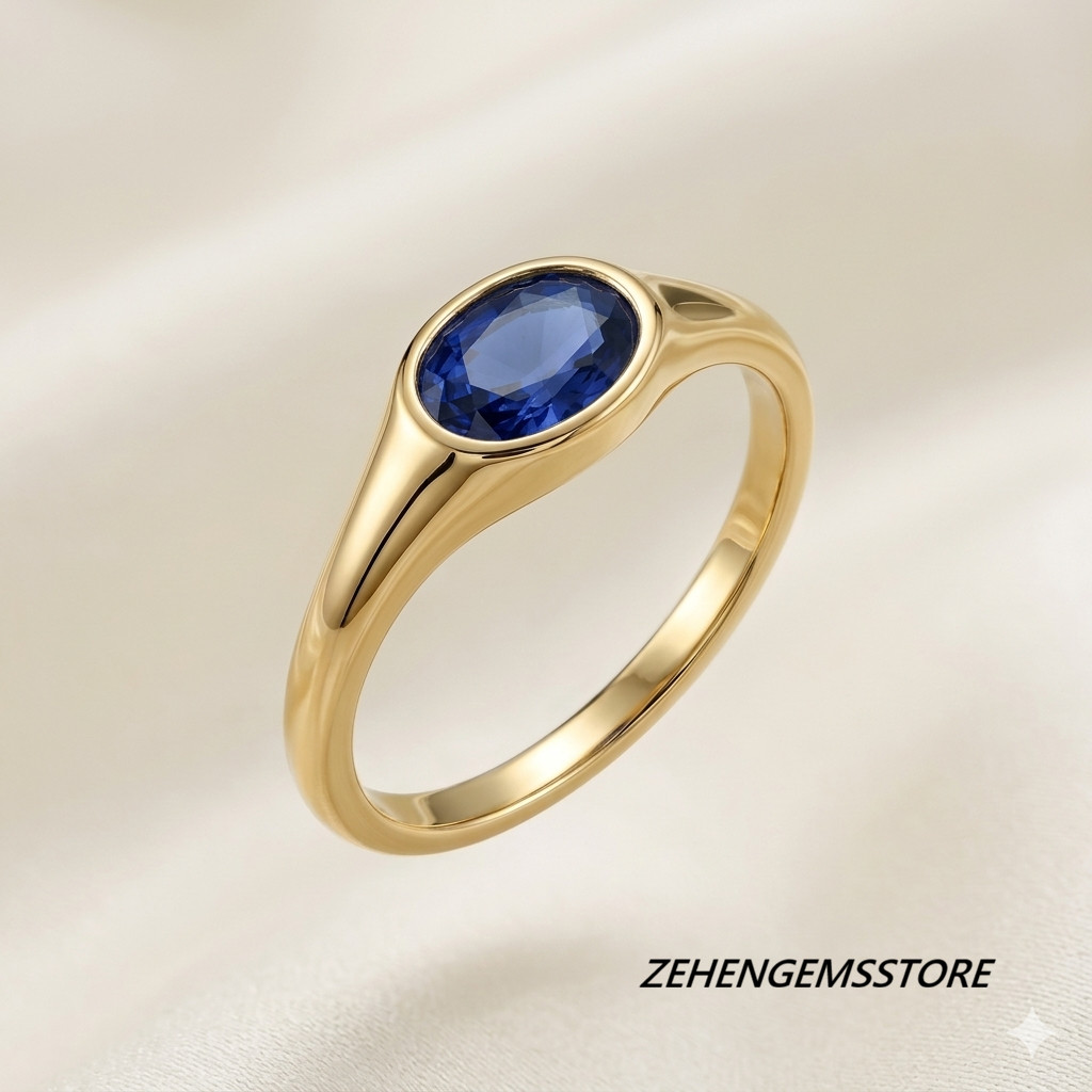 Lab created Men’s Blue Sapphire Ring Oval Cut Gold Plated Sterling Silver Ring