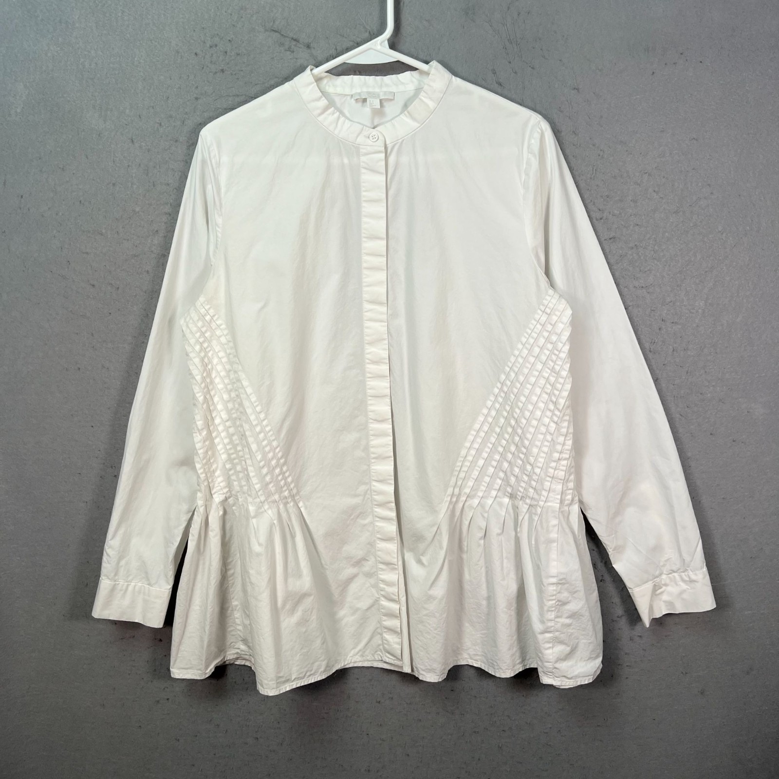 COS Womens 8 White Long Sleeve Pleated Detail Button-Up Peplum Blouse Cotton