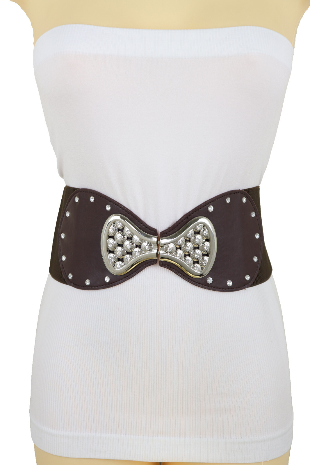 Women Dark Brown Tone Wide Elastic Belt Bling Silver Ribbon Bow Tie Buckle S M