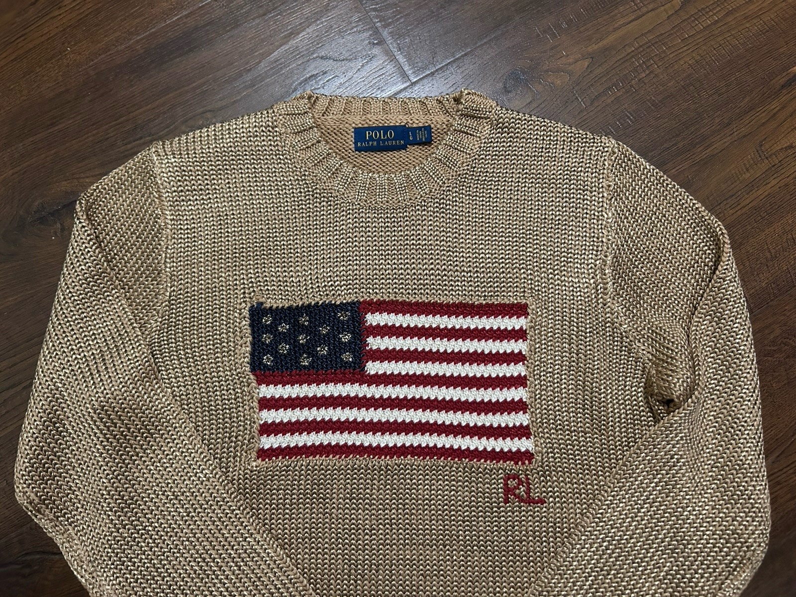 Size L. Polo Ralph Lauren Gold Knit Sweater American Flag Embroidery