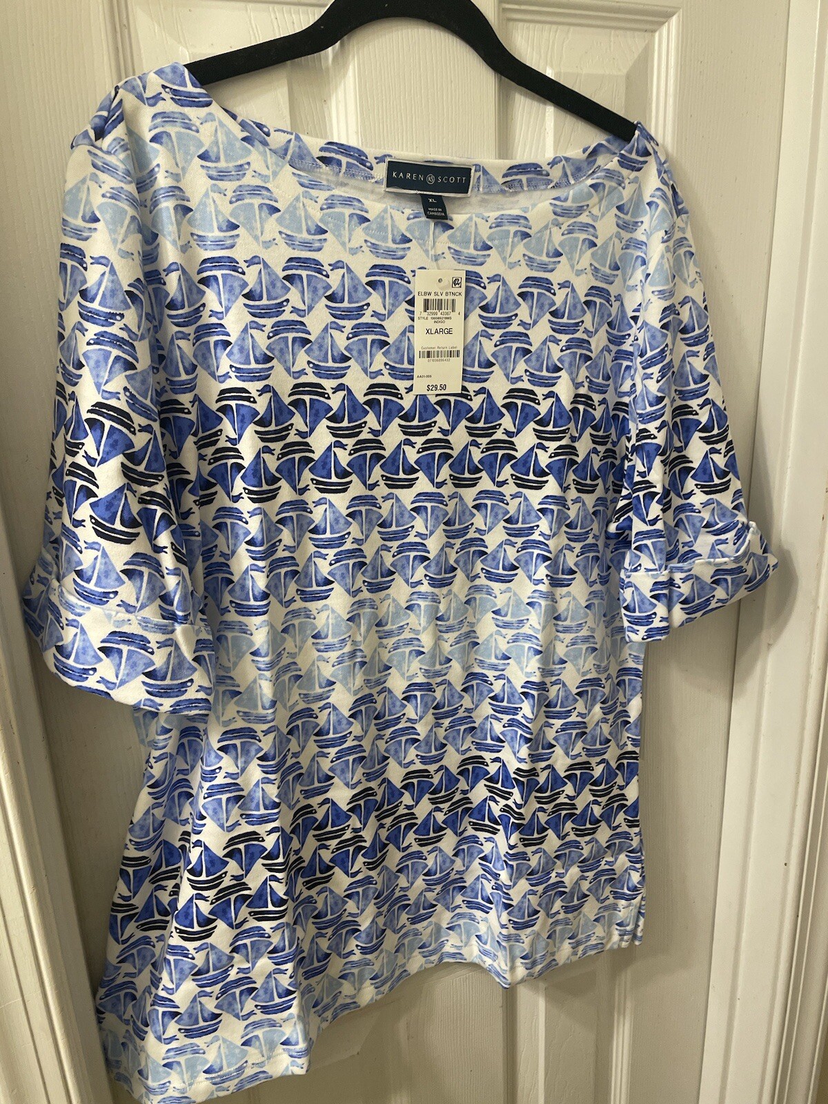 KAREN SCOTT – Casual White Blouse Blue Sailboats Plus, BONUS GIFT.