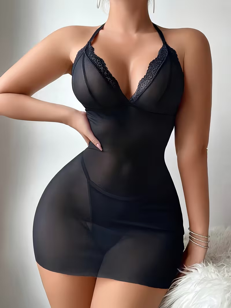 NEW Large Sexy 2-Piece Black Lingerie Bodycon. Backless Pearl String Babydoll.