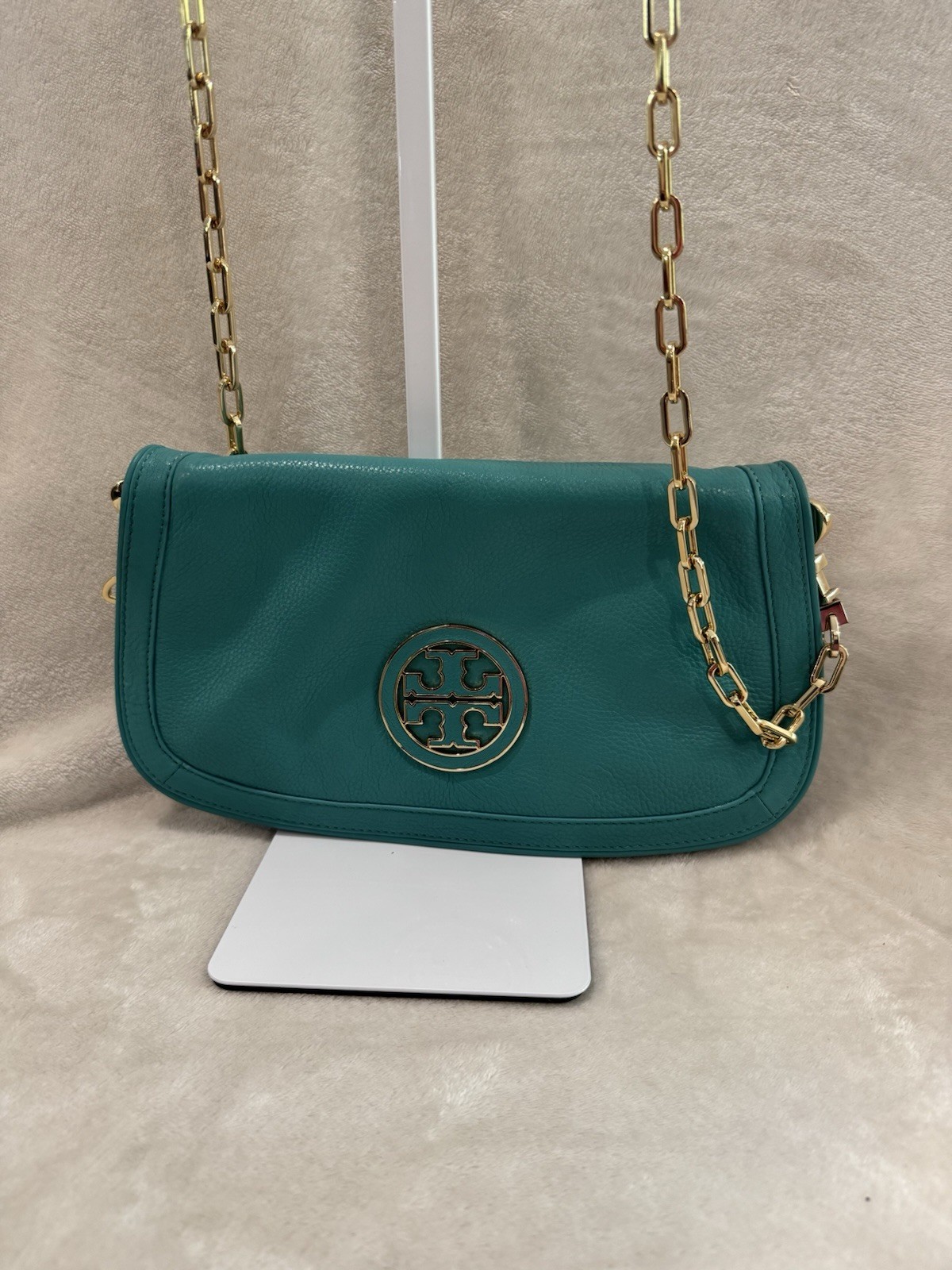 Tory Burch Teal Amanda Crossbody Gold Chain Strap Logo Flap Magnetic Closure