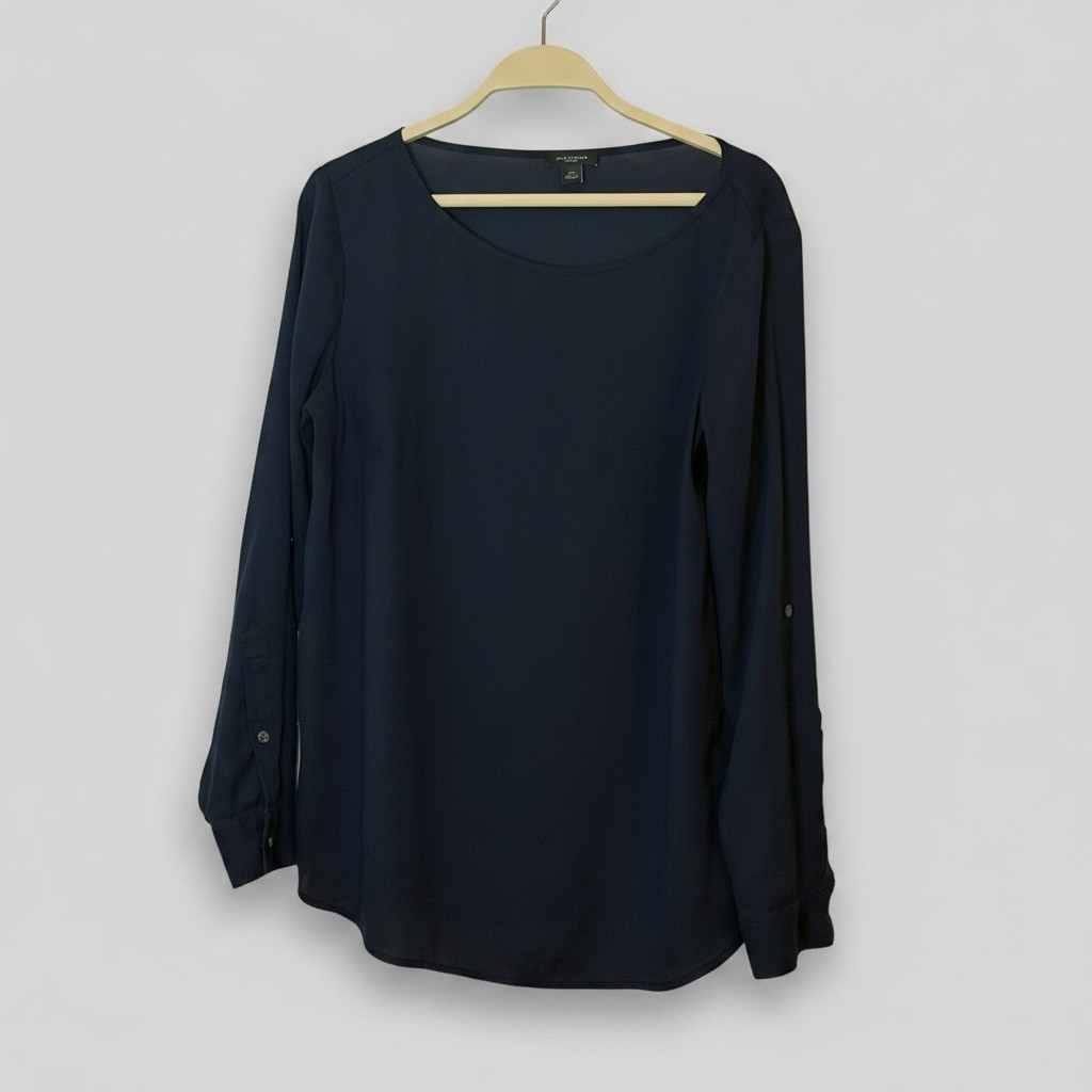 Ann Taylor Petite Navy Blue Roll Tab Sleeve Scoop Neck Blouse SP