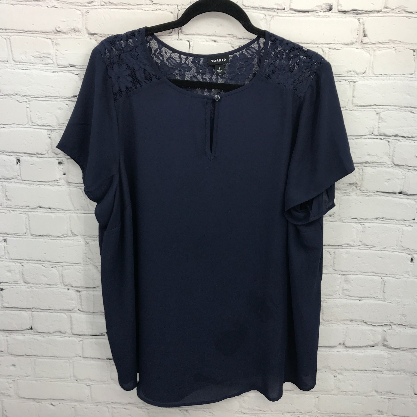 Torrid Top Womens 2X Blue Lace Sheer Short Sleeve Lightweight Basic Blouse *