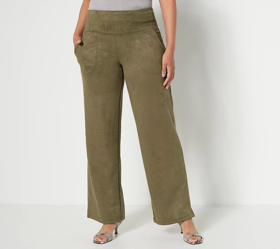 Women with Control Regular Faux Suede Wide Leg Side Slit Pant