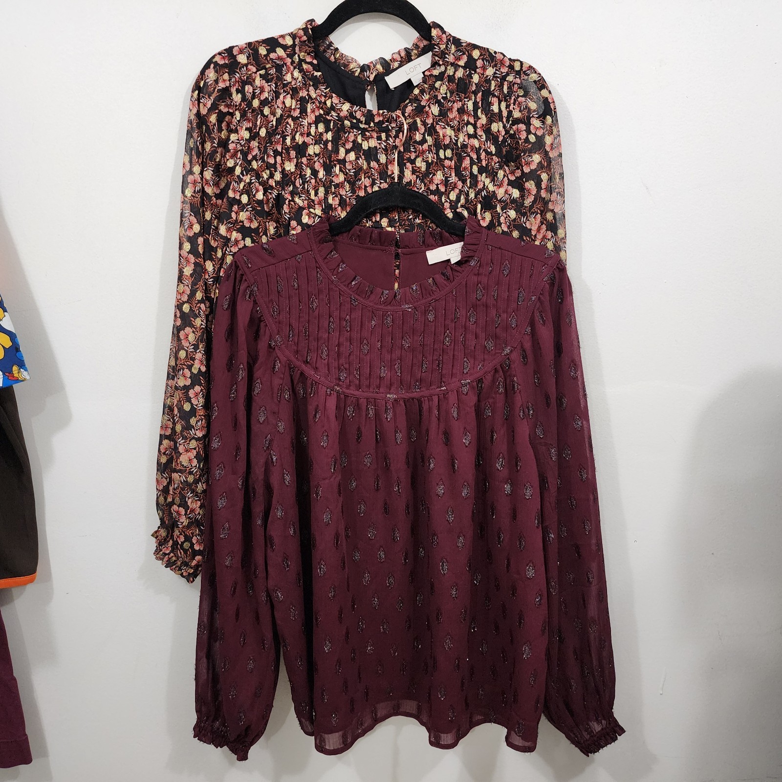 LOFT Shimmer Vine & Geo Clip Pleated Yoke Tops Set Womens L Long Sleeve Sheer